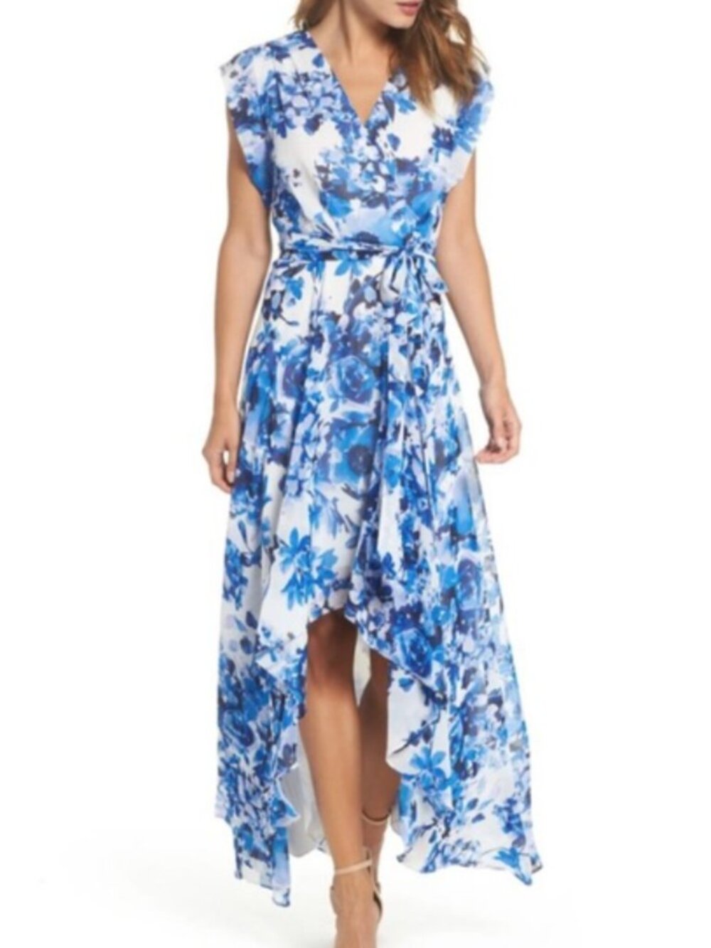 Eliza J Blue Floral Flowy High Low Meshy Midi Dress
